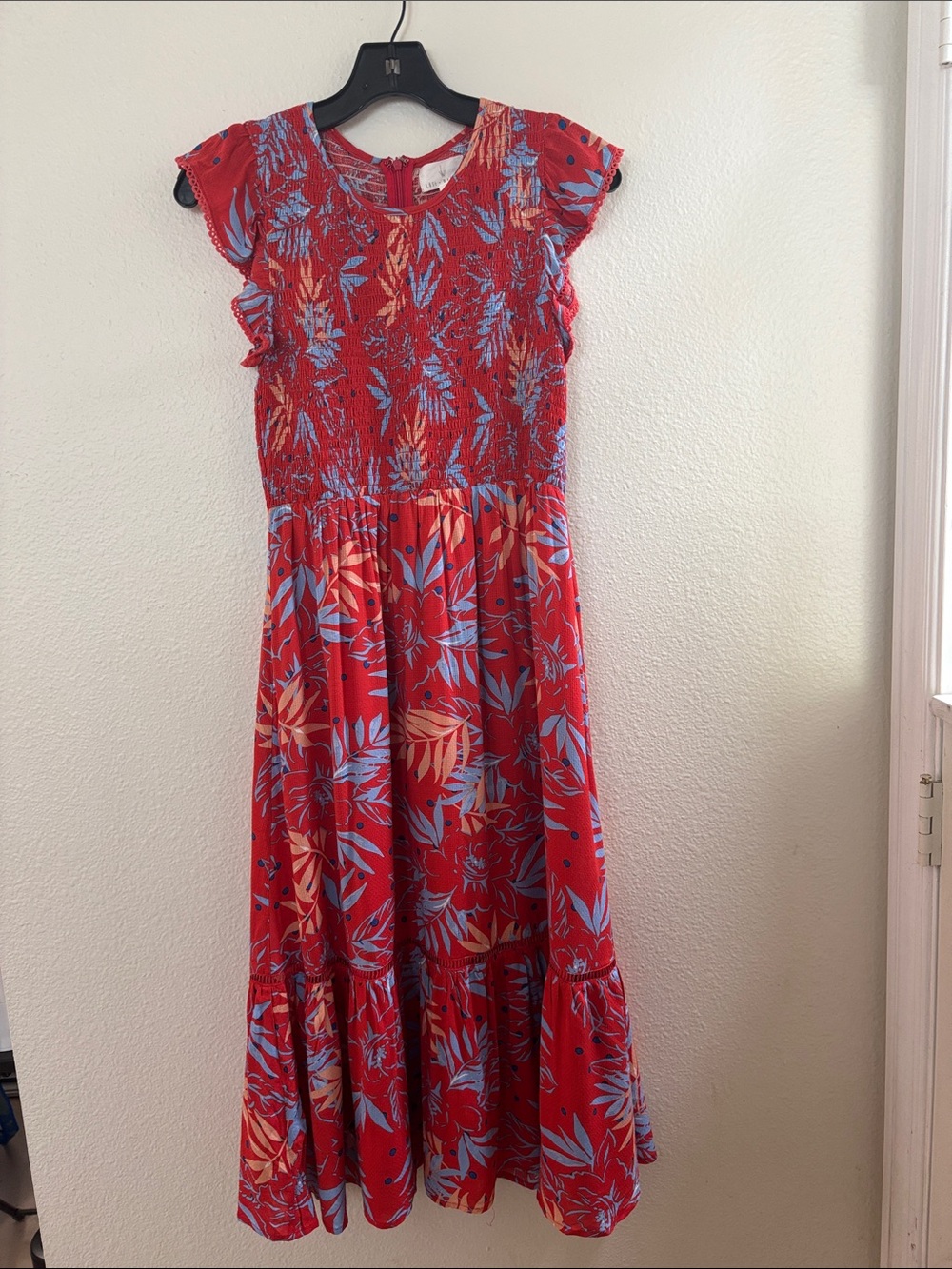 Lost + Wander Red Multi-Color‎ Smocked Maxi Butterfly Sleeves Dress Size S NWOT